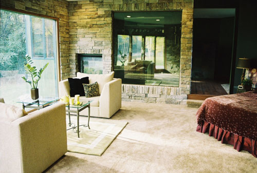 master bedroom with stoned interior