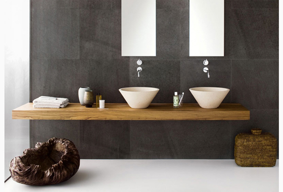 Stylish Perspective Bathroom Design Made of Stone Wall by Neutra