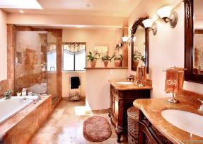 衛(wèi)生間：黃色石材的臺面板和墻面