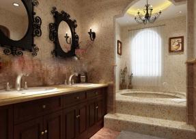 衛(wèi)生間的馬賽克墻面和紅色石材地面